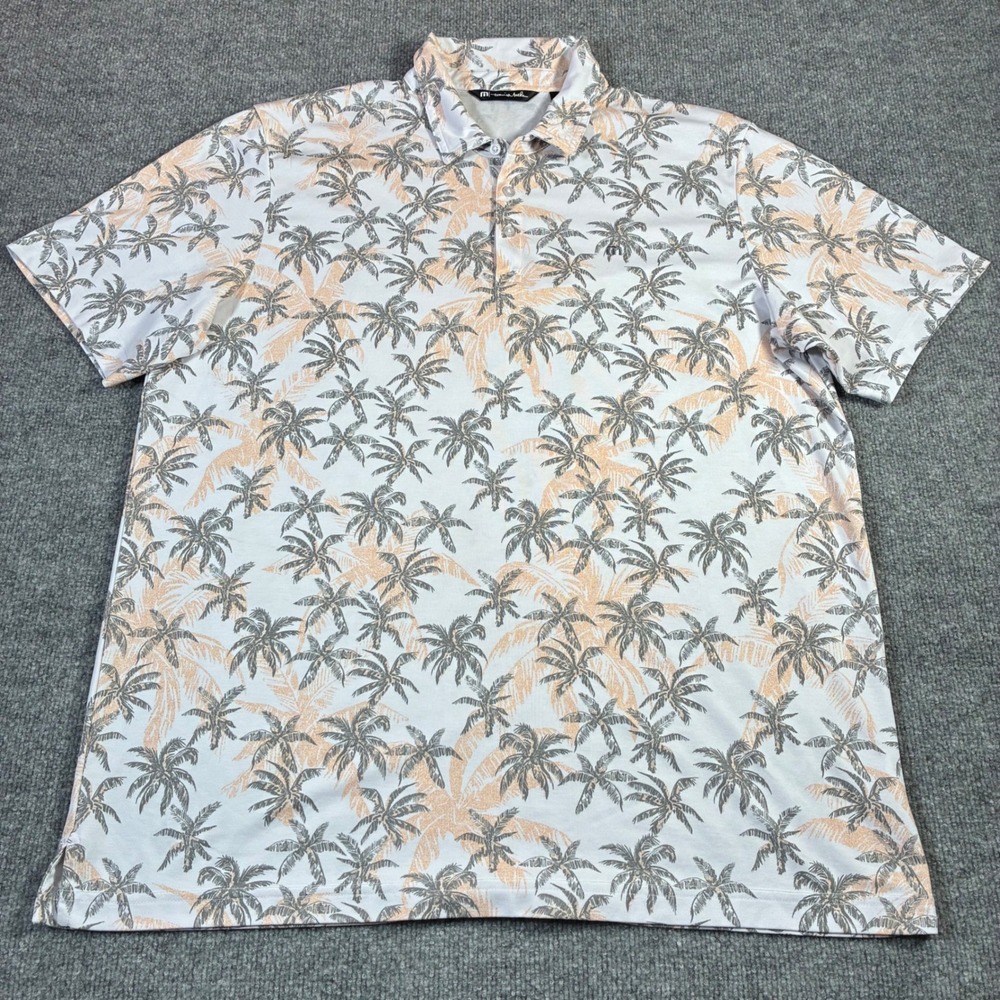TravisMathew Polo Shirt Mens XXL White Palm Tree Print Excellent Short Sleeve